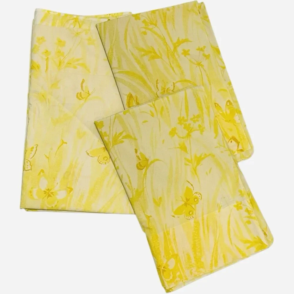 VTG Sears Full Sz Flat Sheet 2 Pillowcase Perma Prest Percale Yellow Grannycore